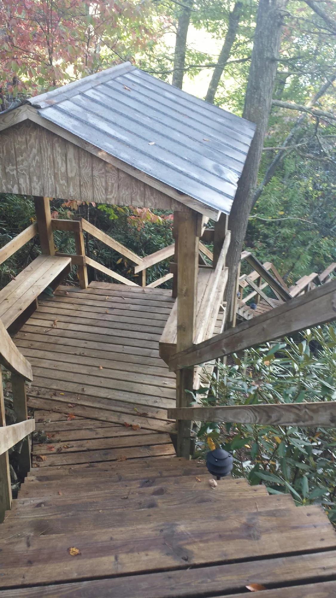 Metal roofed shelter over wooden steps on a wooded walkway — Skylight Repair & Installation work by our crew in Ortonville
